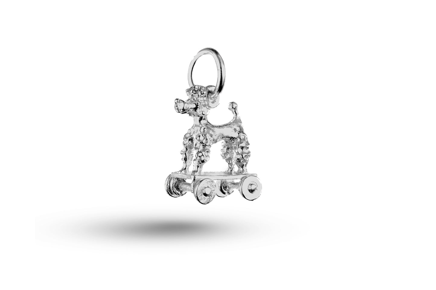 White gold Poodle on Wheels Dog charm.