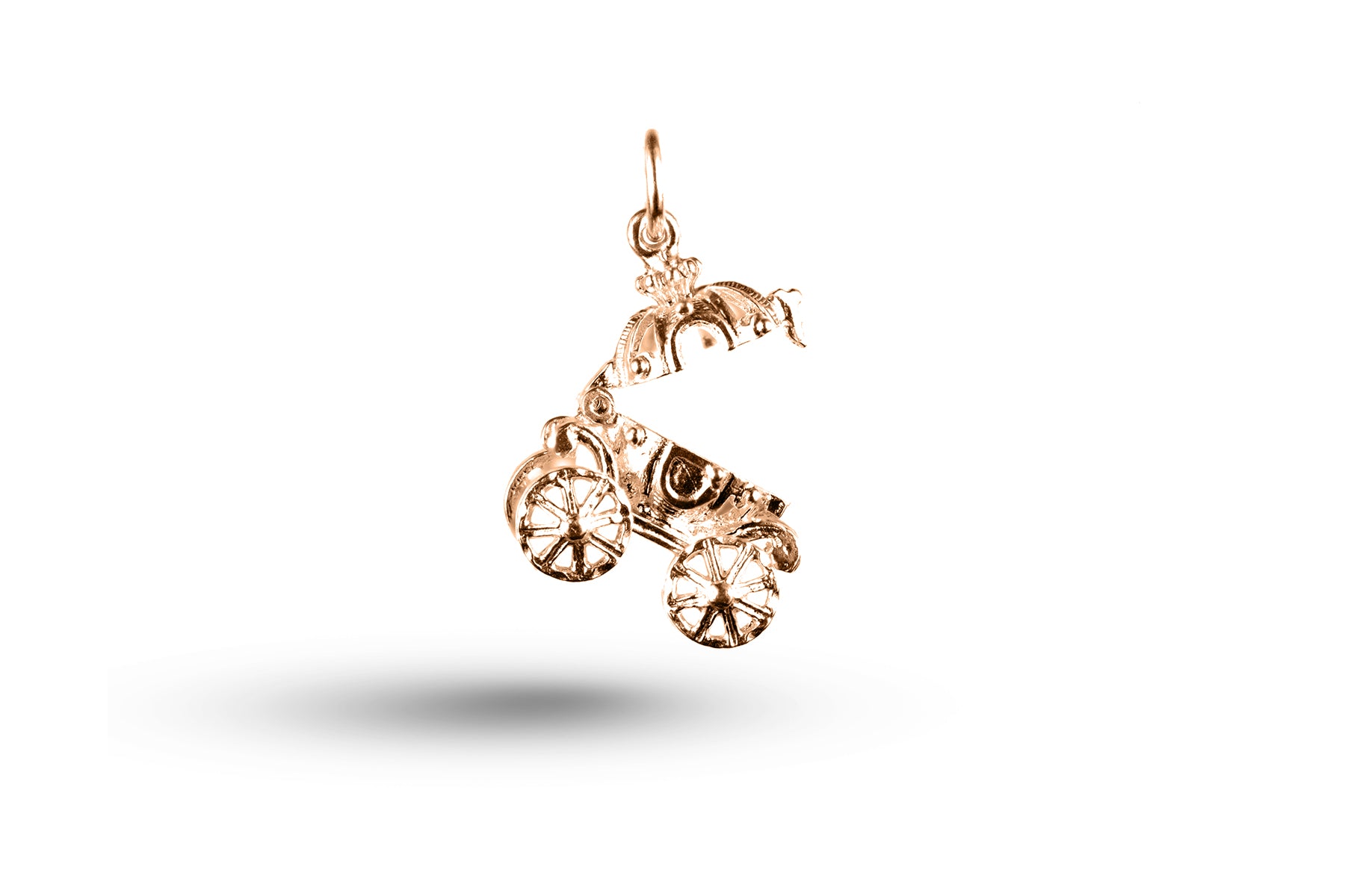 Rose gold open Cinderella Coach charm.