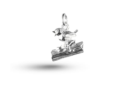 White gold Robin on Log Christmas charm.