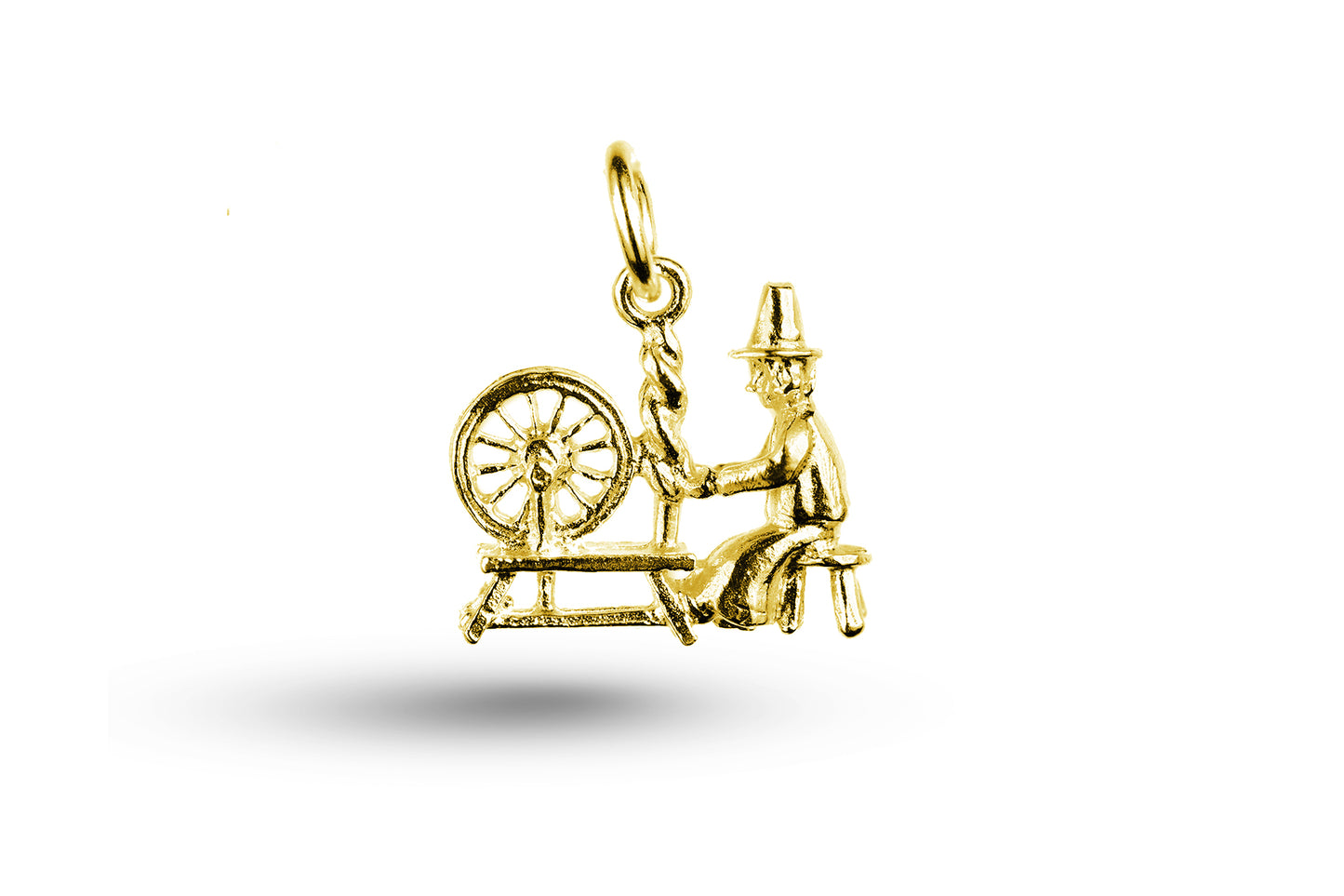 Yellow gold Welsh Lady and Spinning Wheel charm.
