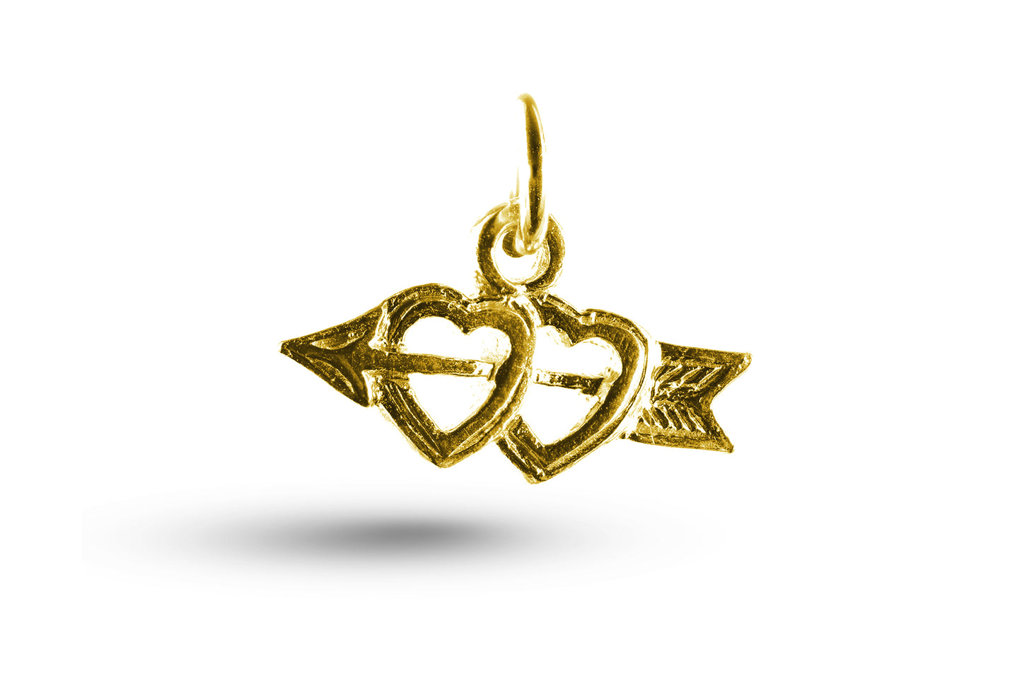 Luxury yellow gold arrow double hearts charm.