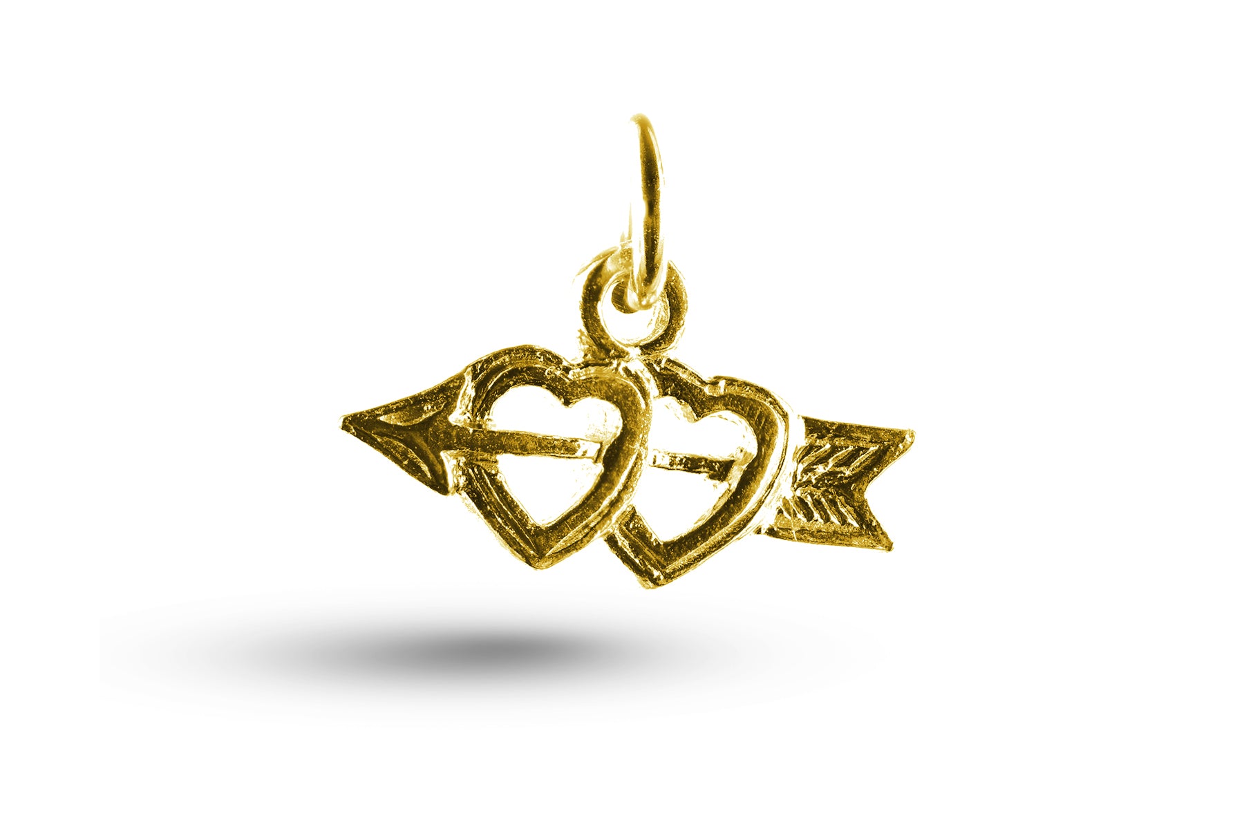 Luxury yellow gold arrow double hearts charm.