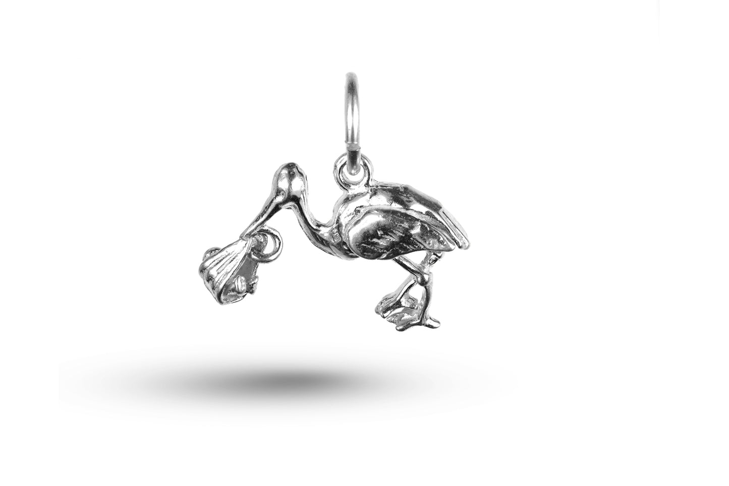 White gold Crouching Stork and Baby Charm.
