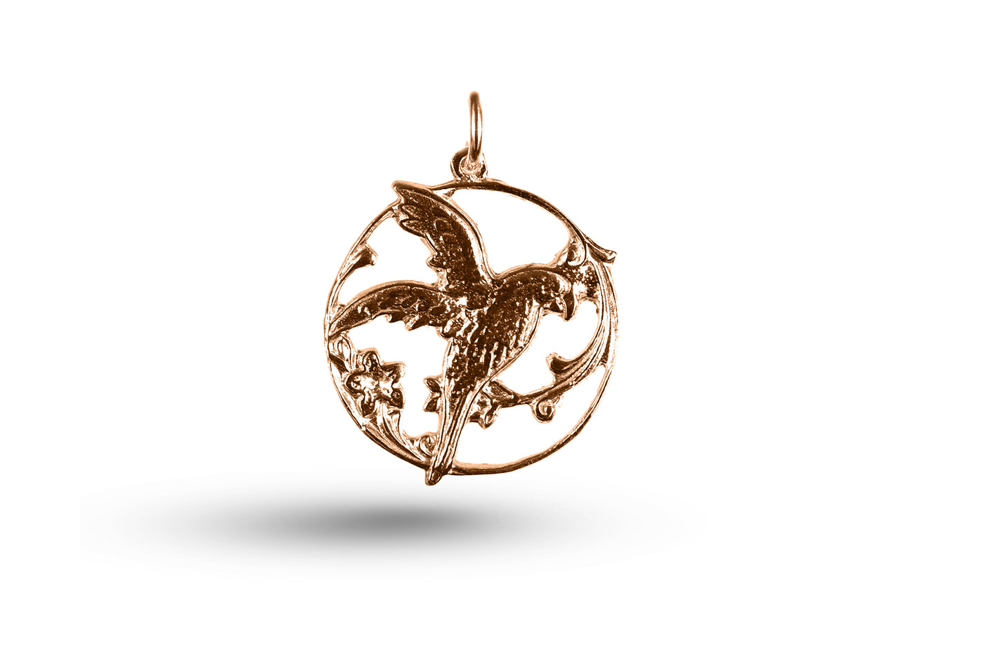 Luxury rose gold bird in circle charm.