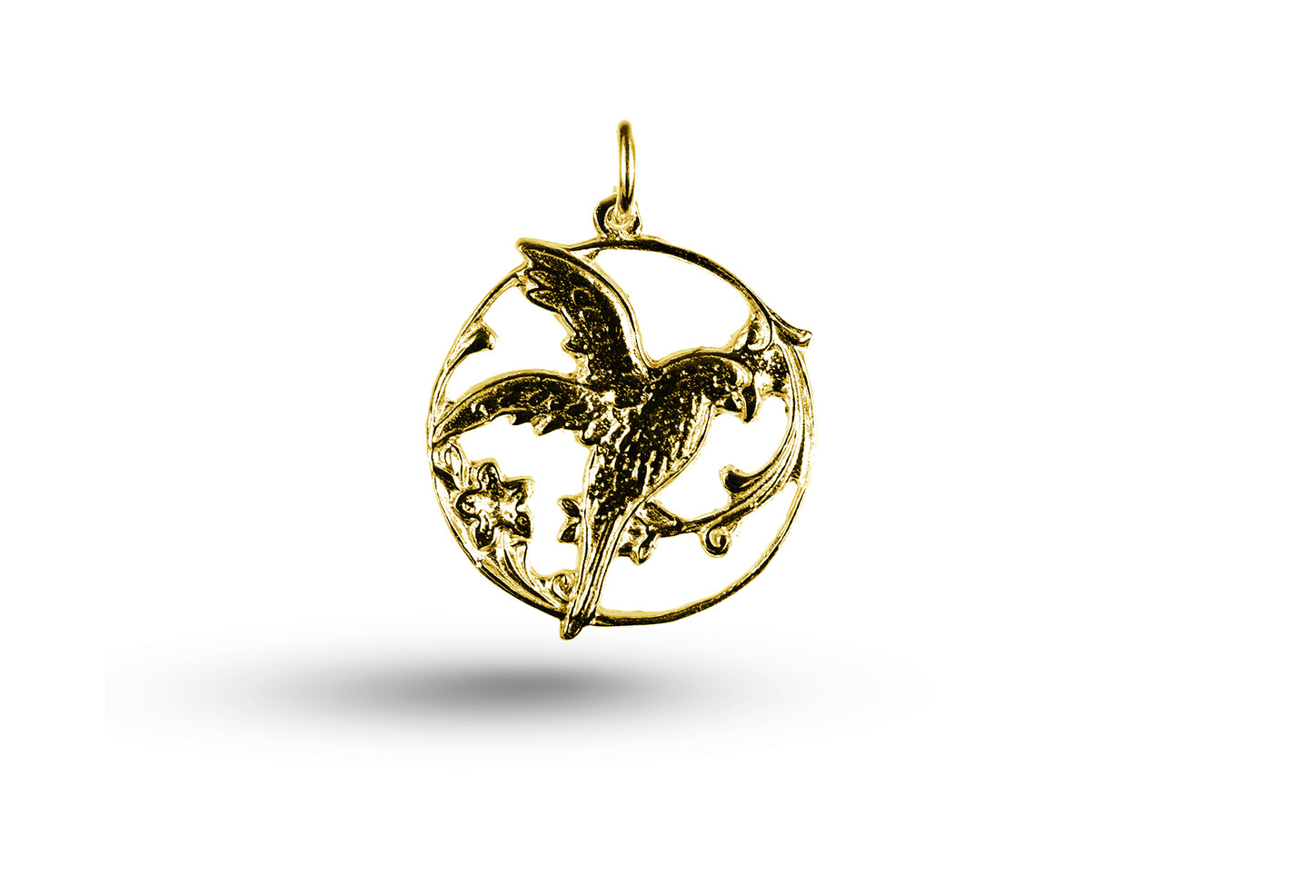 Luxury yellow gold bird in circle charm.