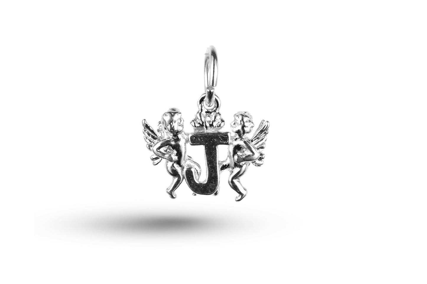 White gold Cherub Alphabet Letter J charm.