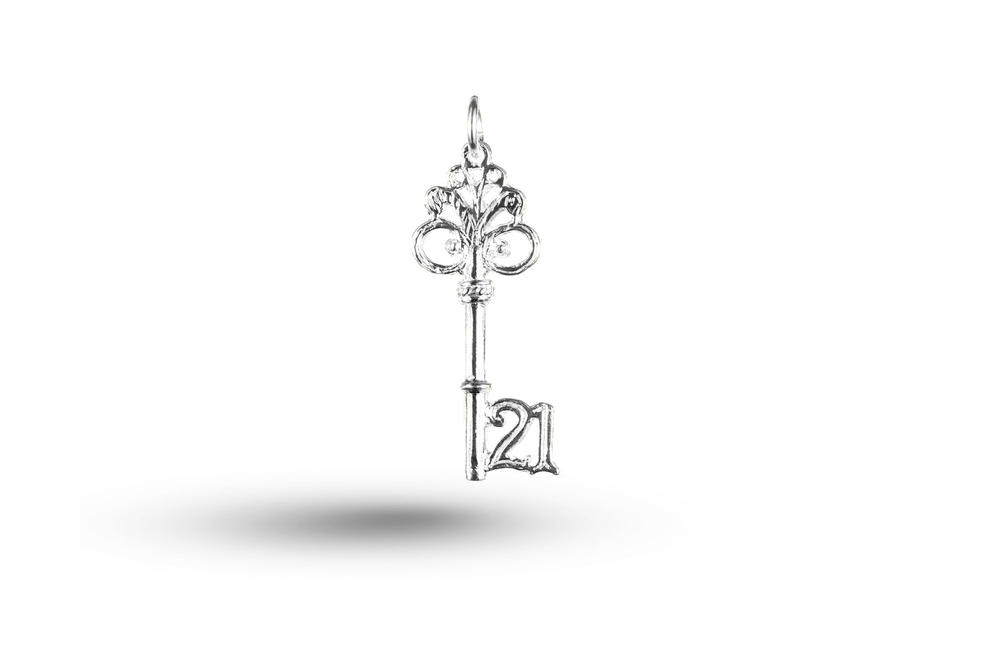 White gold Ornate Birthday 21 Key charm.