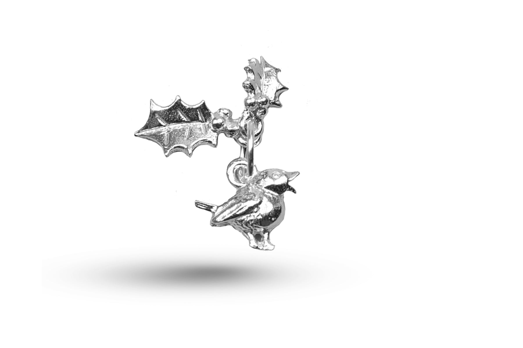 White gold Robin and Hollies Christmas charm.