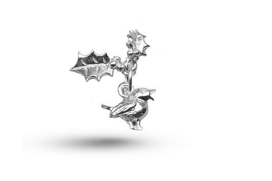 White gold Robin and Hollies Christmas charm.