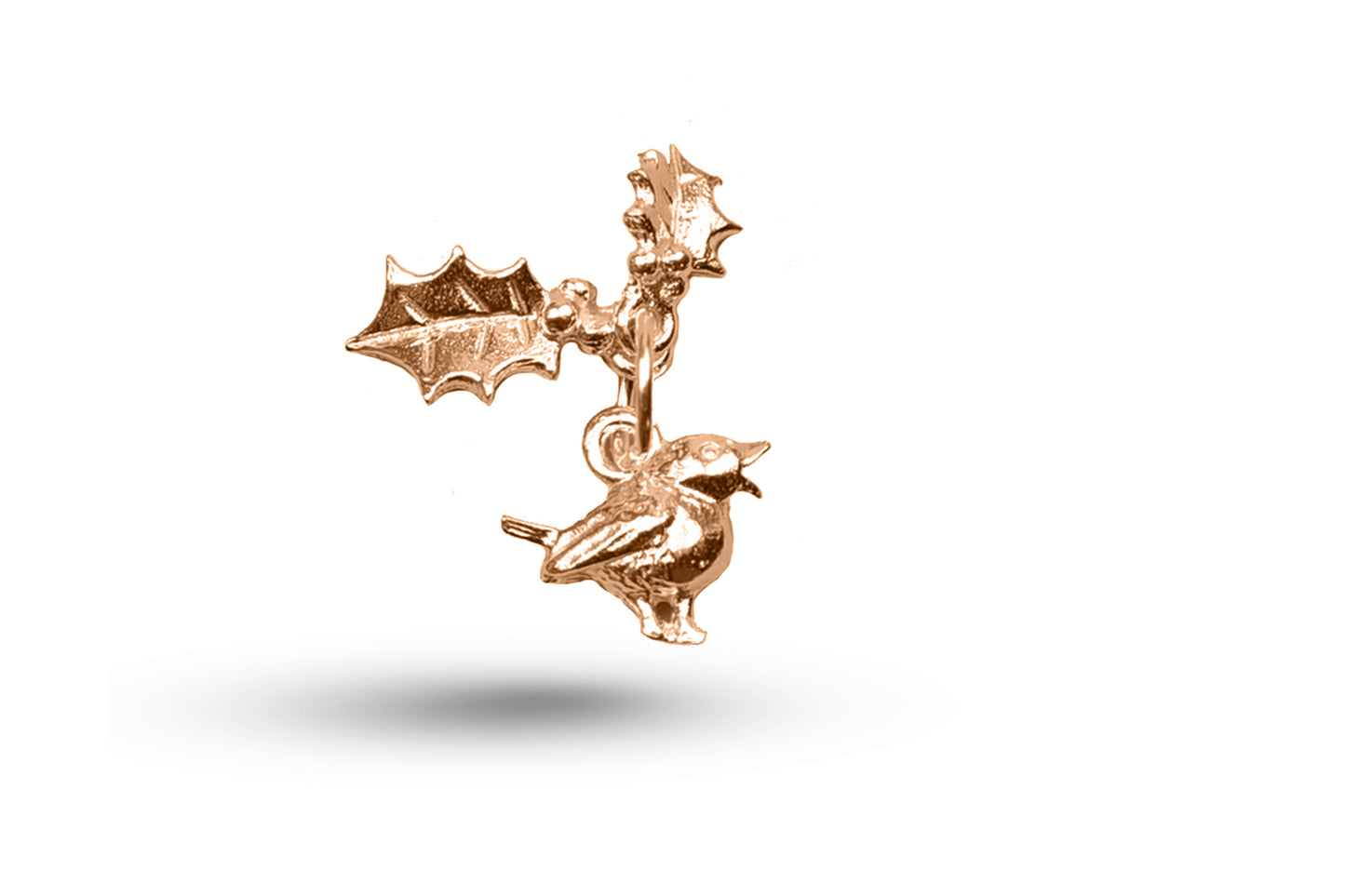 Rose gold Robin and Hollies Christmas charm.