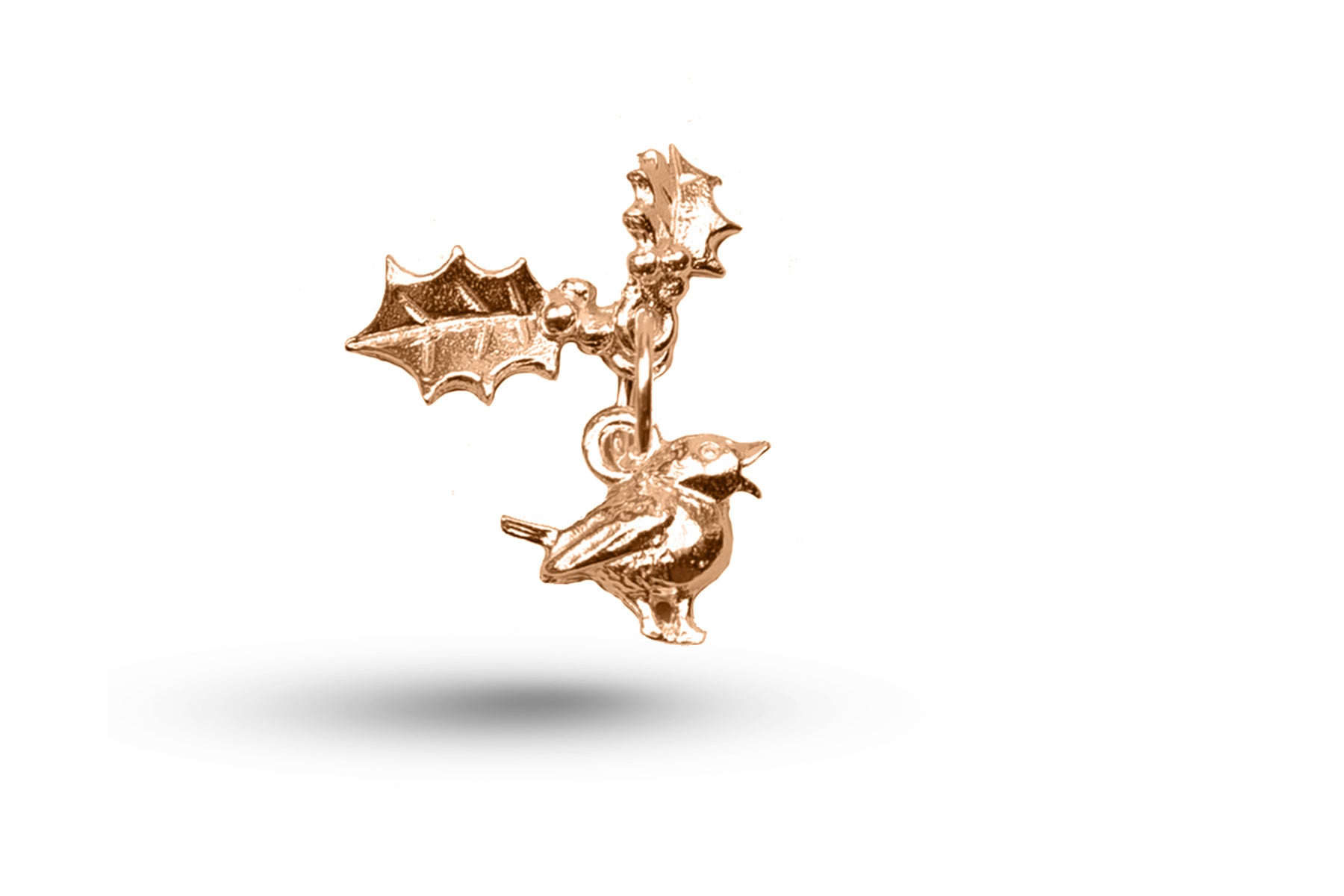 Rose gold Robin and Hollies Christmas charm.