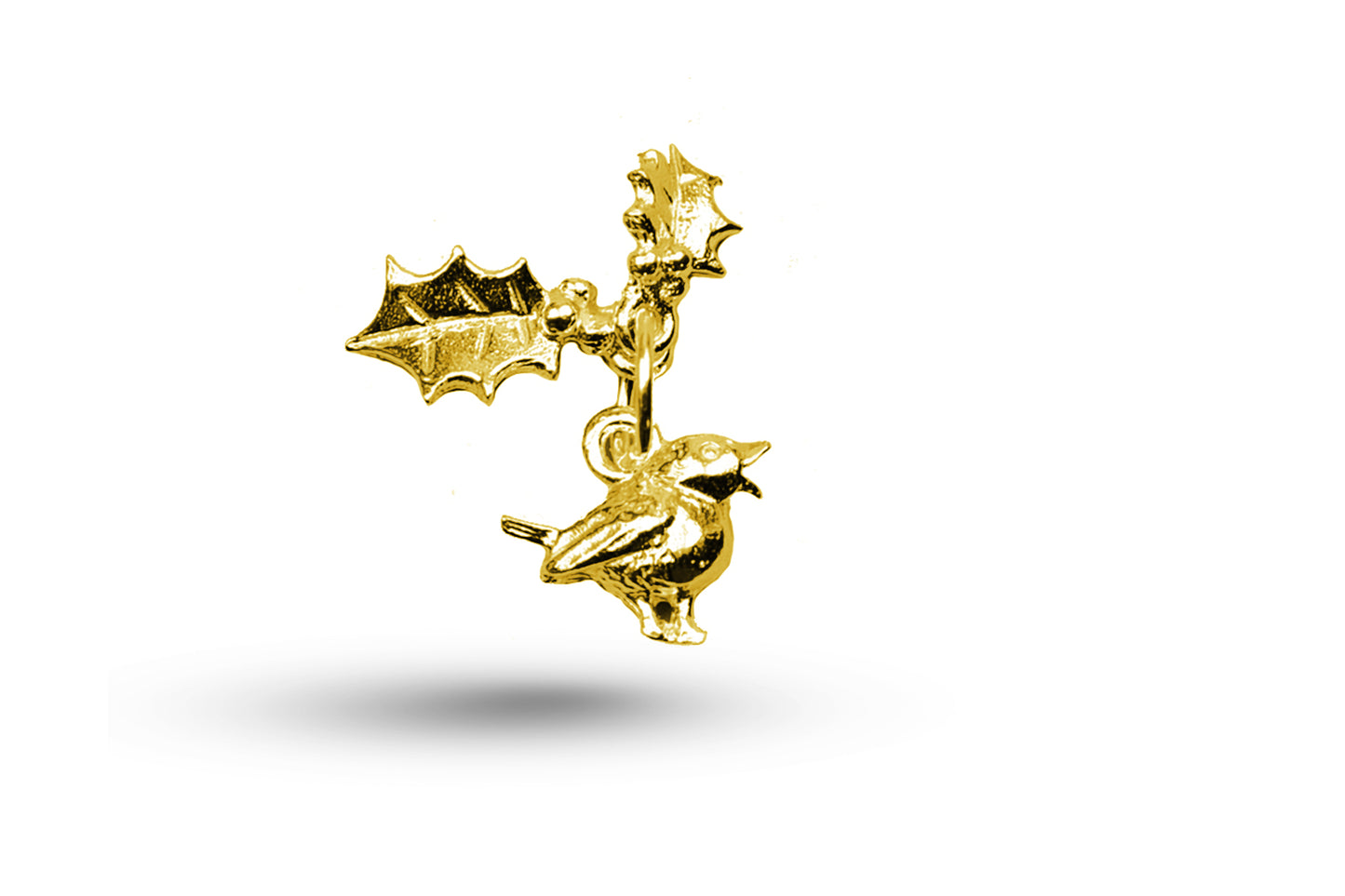 Yellow gold Robin and Hollies Christmas charm.