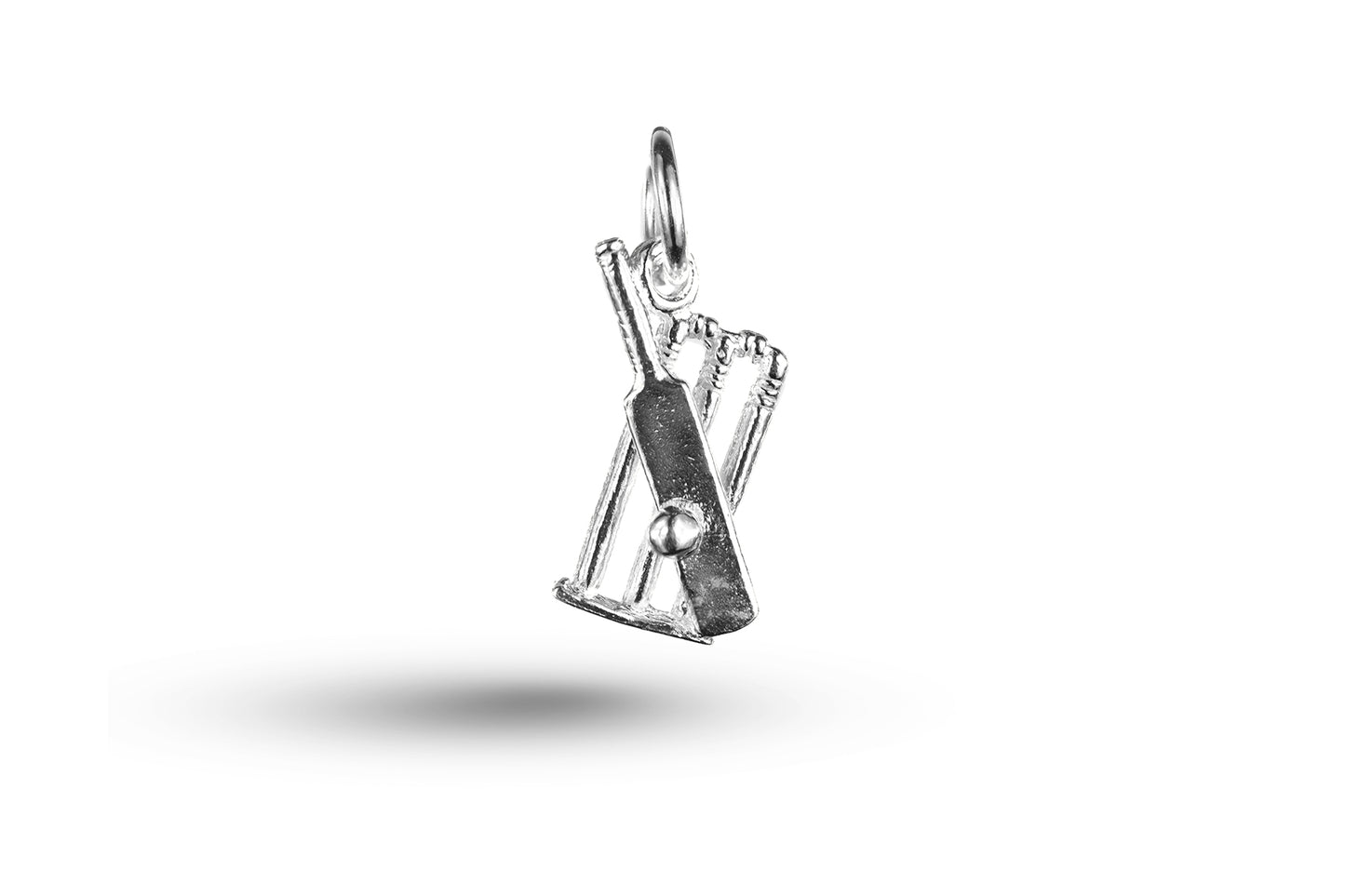 White gold Cricket Bat, Ball and Wicket charm.