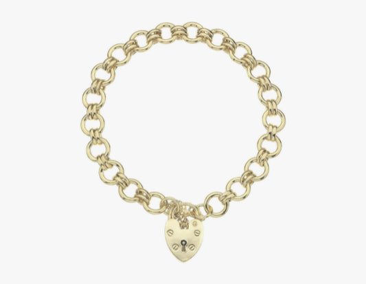 Luxury yellow gold fancy round links charm bracelet with heart shaped padlock.