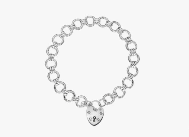 Sterling Silver Fancy Round Links Charm Bracelet With Heart Padlock