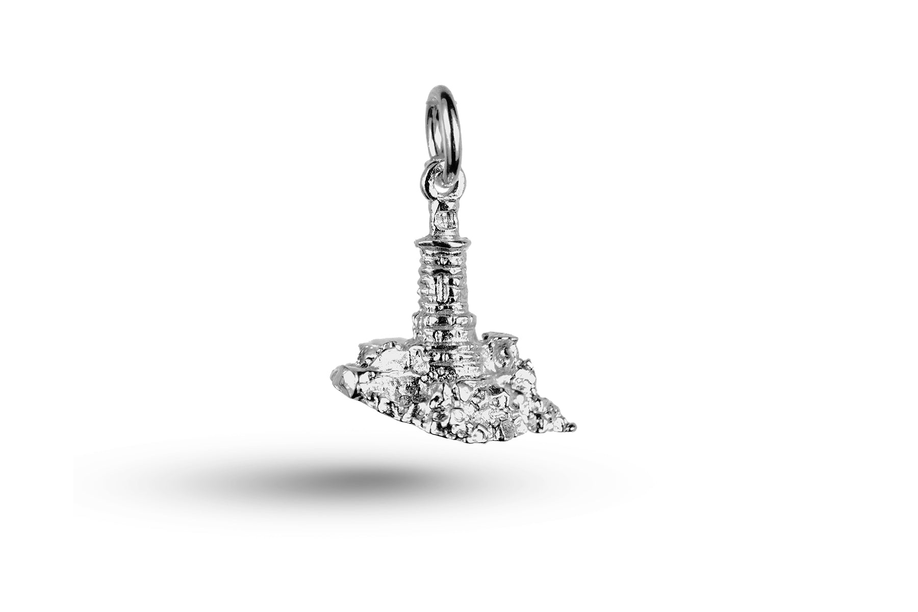 White gold Lighthouse on Rock charm.