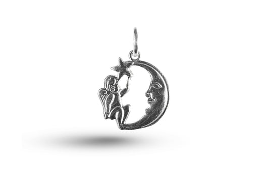 White gold Cupid in Moon charm.