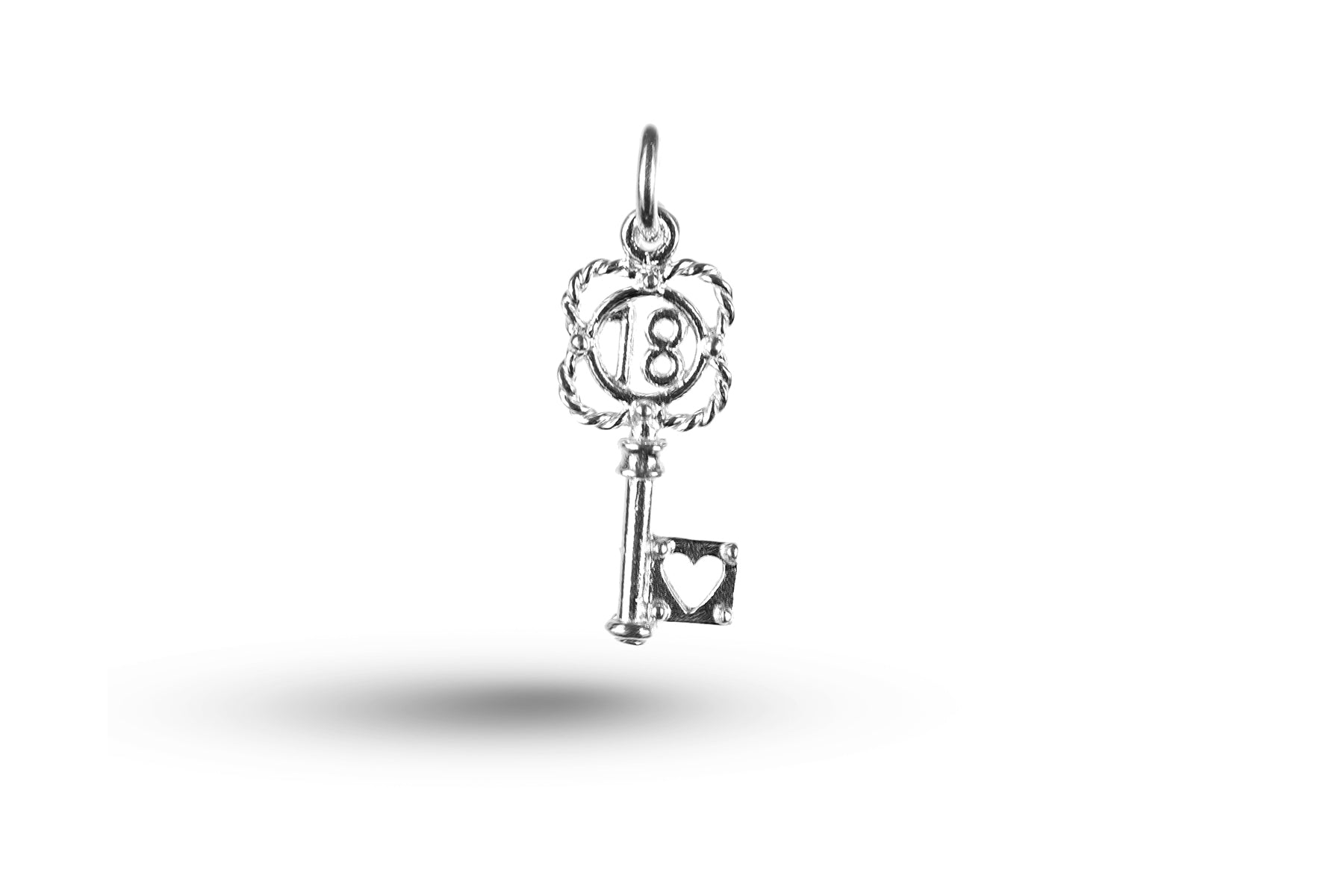 White gold Heart Shaped Birthday Eighteen Key charm.