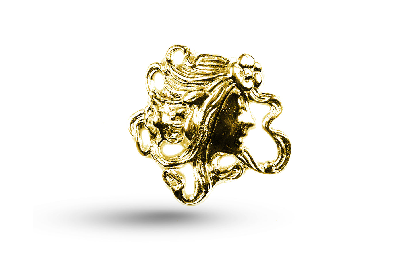 Luxury yellow gold Art Nouveau long haired lady charm.