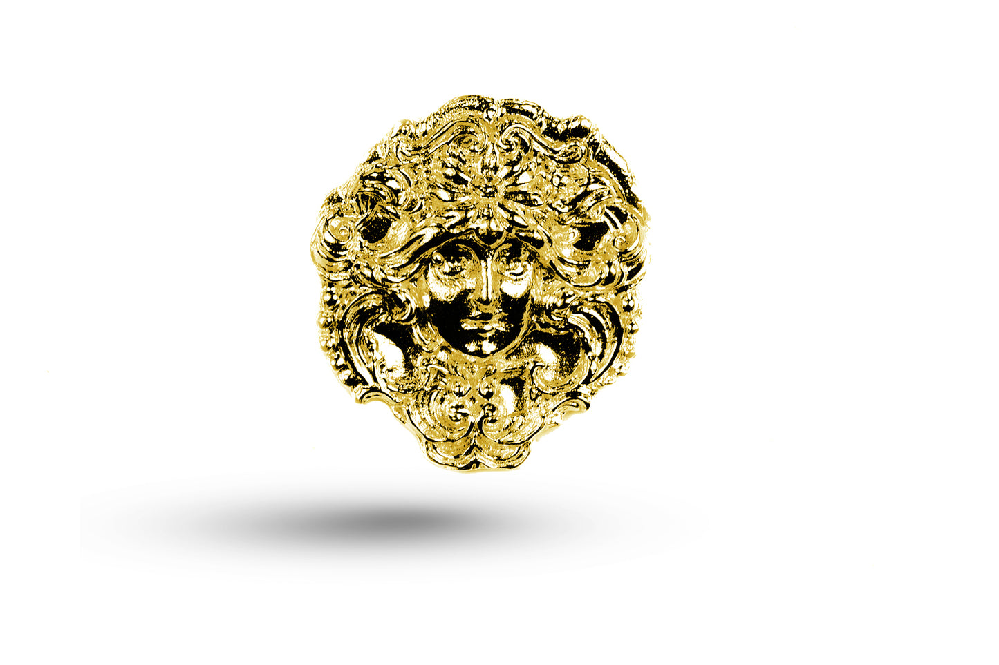 Luxury yellow gold Art Nouveau embossed face pendant.