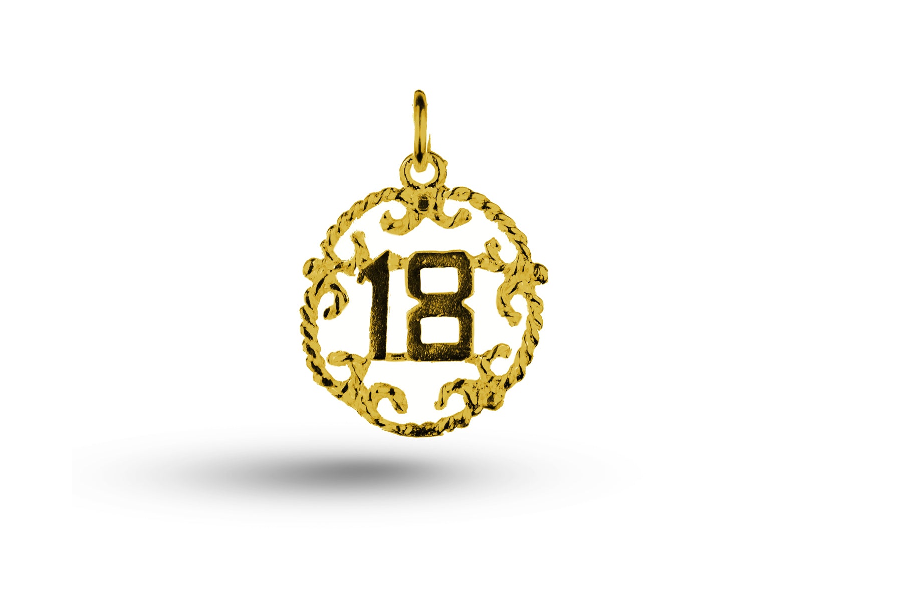 Luxury yellow gold Birthday 18 in Ornate Circle charm.