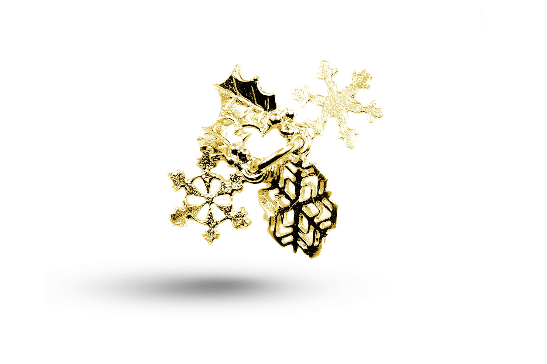 Yellow gold Snowflakes and Holly Christmas charm.