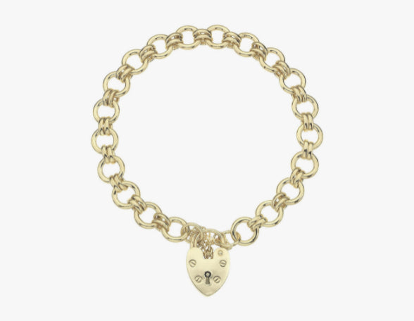 Luxury yellow gold fancy round links charm bracelet with heart shaped padlock.
