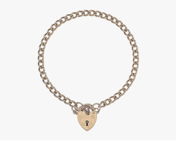 Luxury rose gold curb charm bracelet with heart shaped padlock.