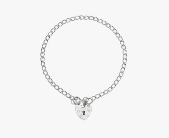 Sterling Silver Curb Charm Bracelet With Heart Shape Padlock