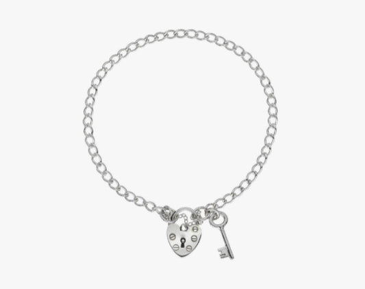 Sterling Silver Curb Charm Bracelet With Key and Heart Shape Padlock